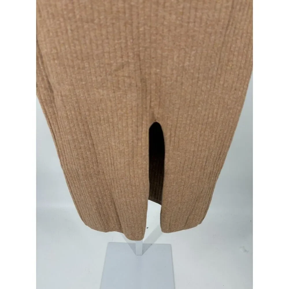 Camel Ribbed Knit Midi Skirt Women’s Bodycon Sweater Skirt High Waist Slit Hem